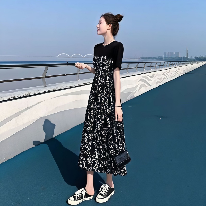 拼接碎花連衣裙