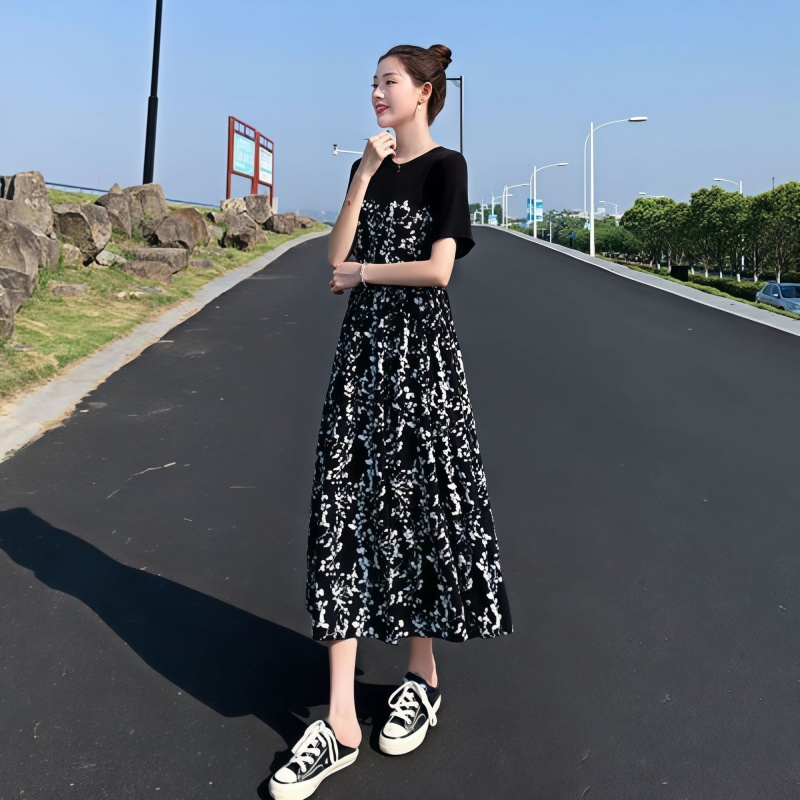拼接碎花連衣裙