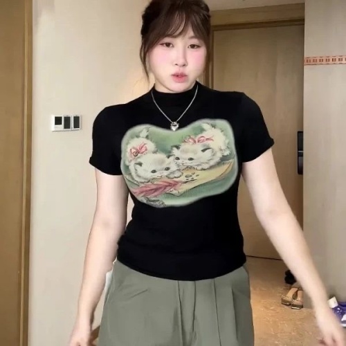 印花高領短袖